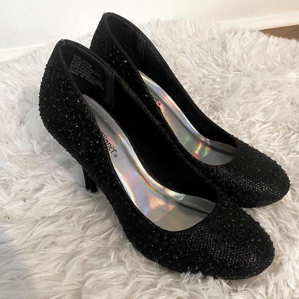 black bedazzled silver slipper heels